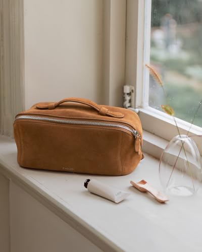 Image of EACHY Leather Makeup Bag, Portable 180 Wide-Open Flat Cosmetic Bag for Women, Large Capacity Make Up Organizer Makeup Pouch with Divider and Handle