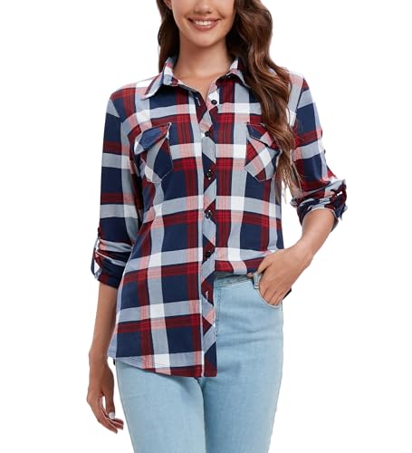 Timuspo Hemd Kariert Damen Knopfleiste Karierte Bluse Karo Tunika Casual Karohemd Langarm Karobluse Flanellhemd Oberteile Marineblau L
