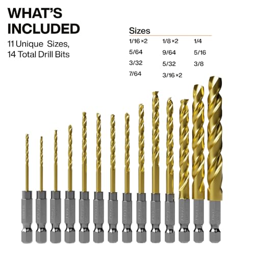 Image of Klein Tools 53614 14-Piece Titanium Drill Bit Set, Impact-Rated, 1 /4-Inch Hex Shank, Cuts Metal, Plastic, Wood, 11 Unique Sizes