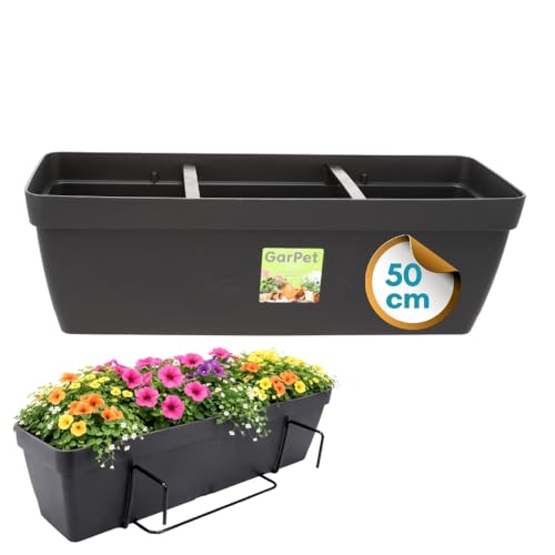 GarPet Blumenkasten Balkon Balkonkasten mit Halterung Blumenkasten mit Wasserspeicher Blumentopf Balkongeländer Blumenkastenhalterung Balkon Pflanzkasten Anthrazit 50 cm