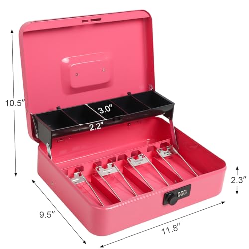 Cash Box with Money Tray and Combination Lock, Parrency Large Money Box, 5 Compartments for Cions & 4 Spring-Loaded Clips for Bills, 11 4/5" x 9 2/5" x 3 1/2", Pink - Thumbnail 2