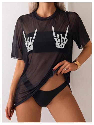 WDIRARA Women's Skeleton Sheer Mesh See Through Short Sleeve Swimsuit Cover Up Tops3