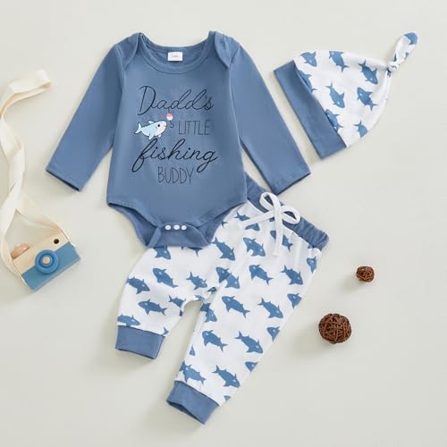Newborn Baby Boy Fishing Outfit I’m the Cutest Catch Long Sleeve Romper Joggers Pants Hat 3pcs Infant Clothes Set2
