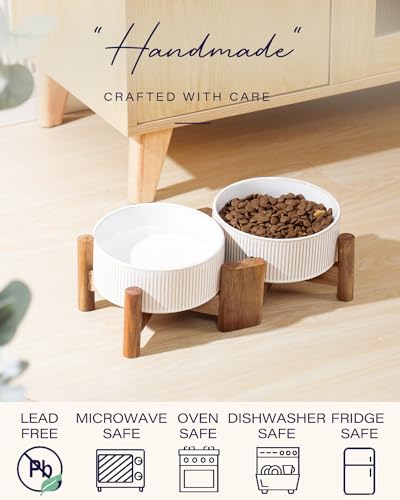 Getstar Ceramic Dog Bowls with Acacia Wood Stand, 30 fl oz, Set of 2, Dog Food Bowl, Cat Bowls (6.5 inches) (Vintage White) - Image 6