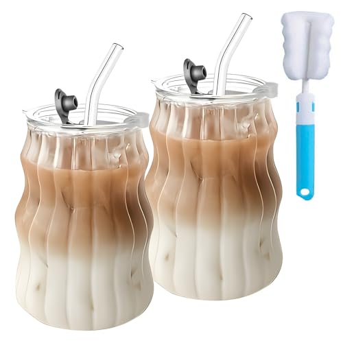 TW1TGOFT 2Pcs 530ML Glass Mugs with Straws - Clear Iced Coffee Cup Matcha Ribbed Wavy Glass Cups Matcha Glasses with Lid & Cup Brush for Ice Coffee Juice Drink Milk Tea Cocktail Wedding Birthday Gift