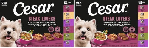 Image of Cesar Wet Dog Food Steak Lovers Variety Pack,Adult,Wet Food for Dogs with Real Meat,3.5 oz Easy Peel Trays,36 Count (Pack of 2)