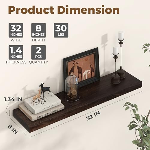 Image of Floating Shelves for Wall, 32in Reclaimed Elm Wood Shelves, Walnut, 2PCs | 8'' D Rustic Solid Elm Wood Shelves for Storage, Wall Mounted Display Shelving with Invisible Heavy-Duty Metal Bracket