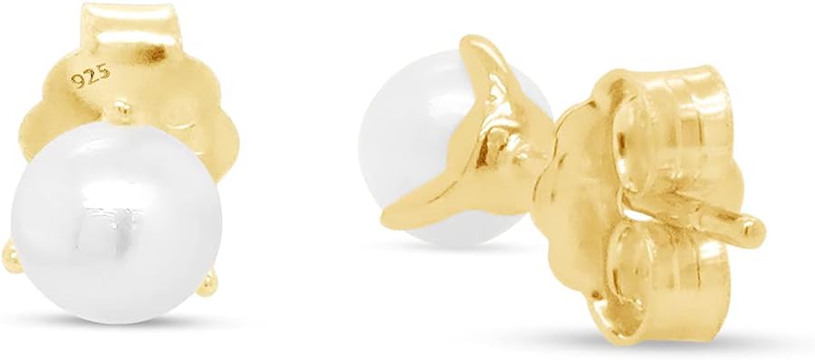 AFFY 4MM TO 6MM Round Cut White Freshwater Cultured Pearls Stud Earrings In 14K Gold Plated 925 Sterling Silver Jewelry For Women