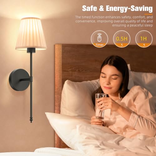 Image of NIORSUN 19.9 inch Battery Operated Wall Sconce Set of 2,Beige Black Rechargeable Wall Lights with 5200mAh Dimmable Bulbs and Remote,9 Colors Wireless Wall Lamps for Bedroom Living Room Decor