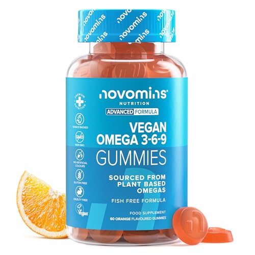 Gominolas Omega 3 6 9 Veganas - Sin Pescado - Suplemento con Ácidos Grasos de Aceite de Perilla - Alternativa al Aceite de Pescado – Sin Sabor a Pescado – Sabor Naranja Natural - Novomins