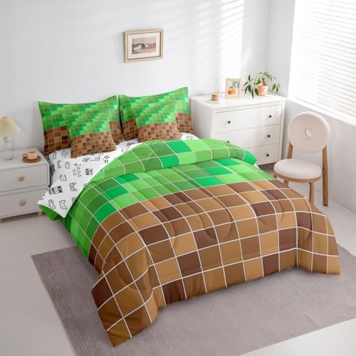 Image of Erosebridal Gaming Plaid King Comforter Set with Sheets 7 Piece Geometric Checkered Gamer Bed in A Bag Checkerboard Games Bedding Sets for Kids Adults,Brown Green Grids Bed Set