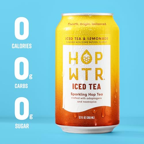 Image of HOPWTR Iced Tea & Lemonade, Non Alcoholic Sparkling Tea with Adaptogens, Nootropics & Vitamin C, Zero Sugar Zero Calorie Functional Beverage, Gluten Free Hop Water Drink (12 Pack, 12oz Cans)