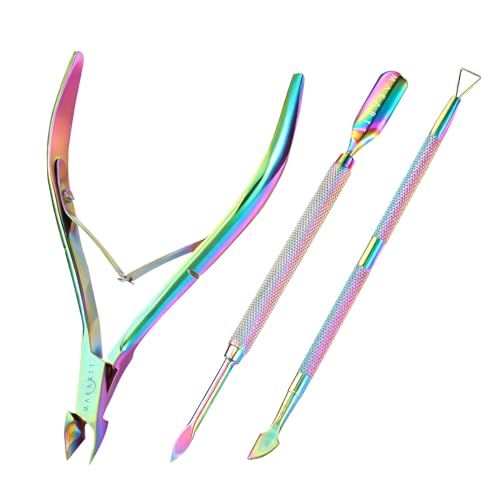 Makartt Cuticle Trimmer with Cuticle Pushers: Cuticle Nipper Professional Manicure Pedicure Set, Stainless Steel Cuticle Remover Kit with Dual End Nail Pusher & Scraper (Rainbow Titanium, 3 PCS)