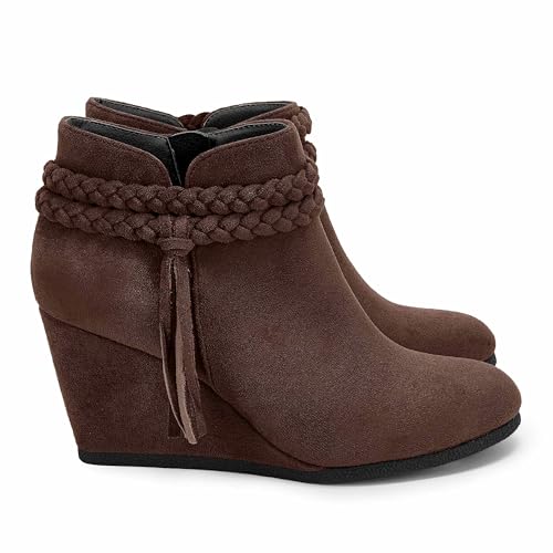 Image of Fashare Womens Wedge Ankle Boots Braided Fringe Strap Western Heeled Fall Booties Dress Shoes