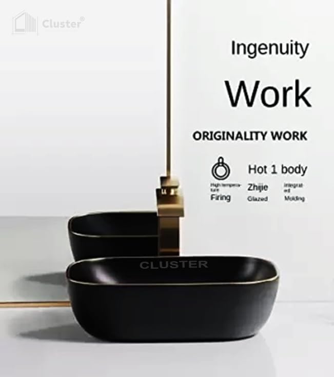 Image of CLUSTER Designer Matt Ceramic Table Top /Counter Top /Wash Basin For Bathroom And Livingroom Decor, Black And Golden Border, Rectangular, 455x320x135 MM