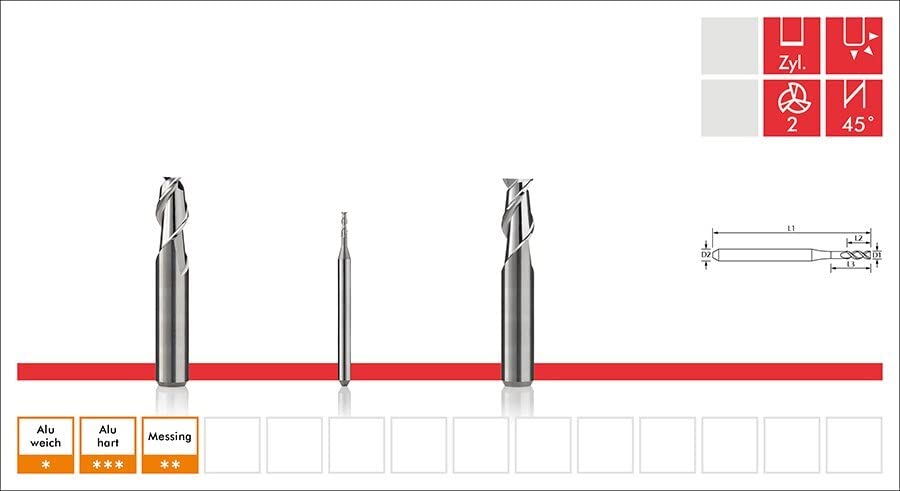 Fraise à deux dents pour aluminium - D 5 mm, D 6 mm, SL 15 mm, GL 50 mm
