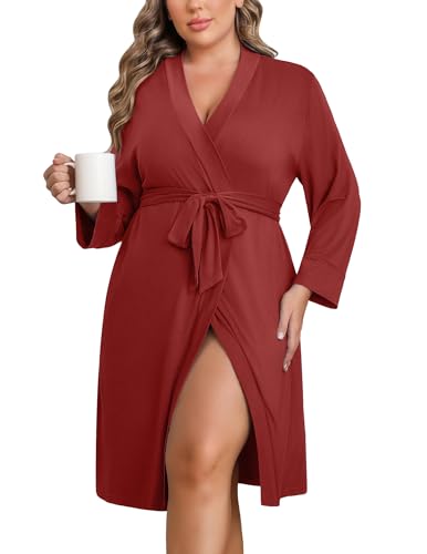 Image of Ekouaer Women Plus Size Robe Knee Length Lightweight Bathrobe Short Kimono Robes with Pockets Maternity Robe