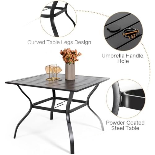 Image of Anmutig 5-Piece Outdoor Dining Set, 35 inch Square Table with 1.57 inch Umbrella Hole, 4 Stackable Chairs, Black Steel Frame Beige White Fabric