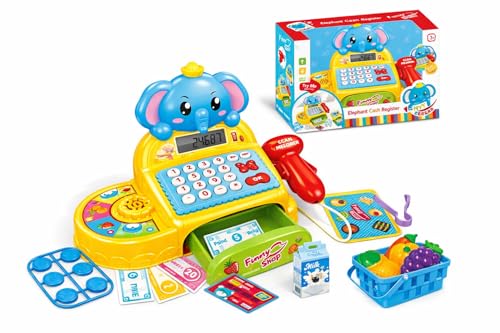 Image of SHAKTISM Cash Register with Lights & Sounds for Pretend Play Electronic Toy Set with Scanner Shopping Basket Grocery Best Gift for 3+ up Ages Kids Boys & Girls (Cash Register Elephant)