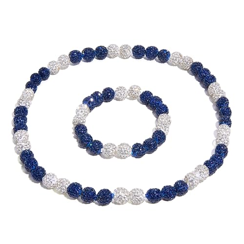 DERAKUS Baseball Necklace 18in Baseball Chain and Bracelet Set Beaded Necklace Pollyanna for Men Women Bling Rhinestone Drip (Dark Blue+White)