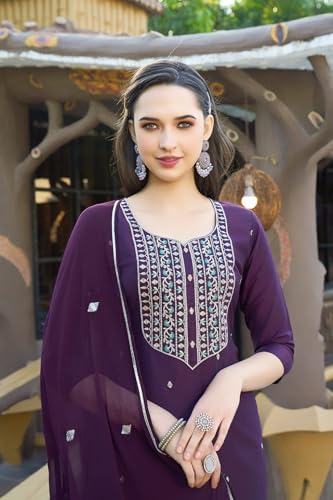 Image of GoSriKi Women's Cotton Blend Embroidered Kurta Set with Pant & Dupatta - Straight Calf‑Length, 3 /4 Sleeve, Round Neck - Elegant Ethnic Attire (5 Colors, S-5XL)