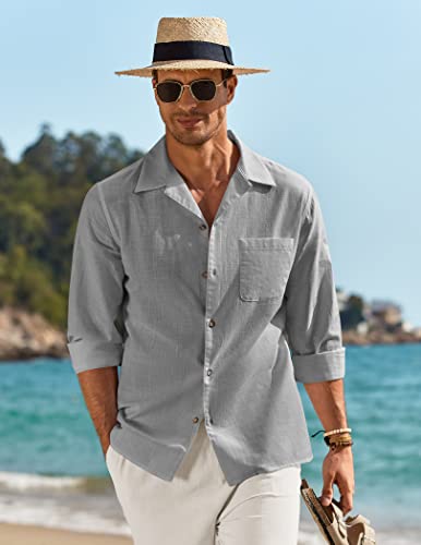 Coofandy Mens Shirt Linen Beach Button Up Casual Summer, Light Gray, Xx-Large, Long Sleeve #TOP15