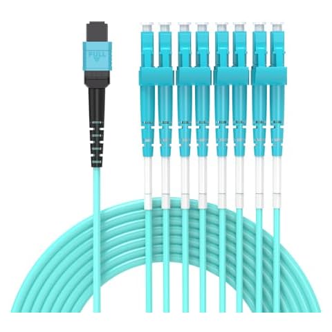 Jeirdus 10M MPO/MTP to 8 x LC (4 Duplex) 8 strands Breakout Cable,QSFP 40GBase-SR4, OM3 Fanout Fiber Optic Cable - Aqua, 10 meters Cover