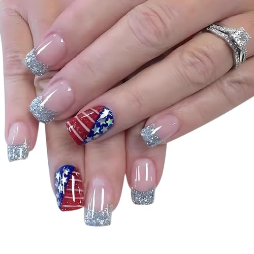 24Pcs 4th of July Nails Short French Tip Press on Nails Square Silver Tips Fake Nails Star Sequin Glitter Design Independence Day Glue on Nails Coffin Nails Full Cover False Nails Stick on Nails