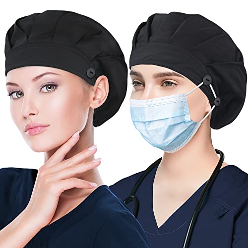 2 Pack Bouffant Caps with Button and Sweatband, Adjustable Working Hats for Women Men, One Size Working Head Cover