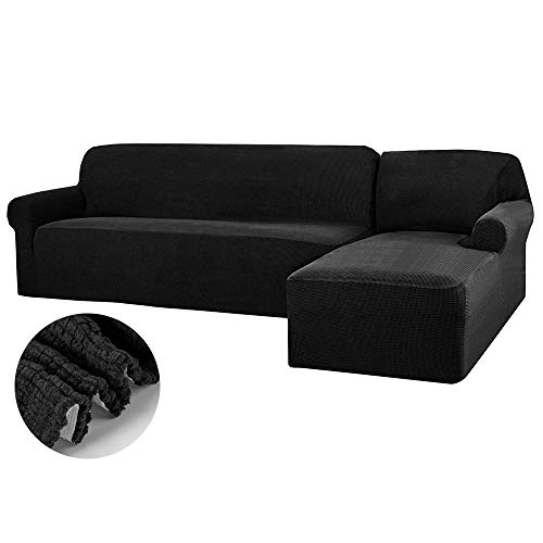 ODOMY Funda para Sofá Chaise Longue Elástica Tunez Brazo Iargo Tamaño Desde 190 a 230 cm, Color Liso (Mirándolo de Frente) (Negro, 3 Plazas+3 Plazas)