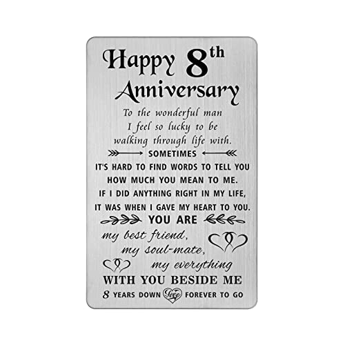 TANWIH 8 Year Anniversary Card Gifts for Him Men, 8th Anniversary Card Gifts for Him Husband Bronze, Engraved Metal Wallet Insert