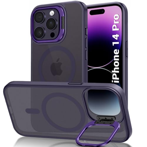 Image of TheGiftKart Hybrid Matte Frosted Back Cover Case for iPhone 14 PRO Compatible with MagSafe | Built-in Stand | Shockproof Hard Back Case Cover for iPhone 14 PRO (PC & TPU, Translucent Purple)