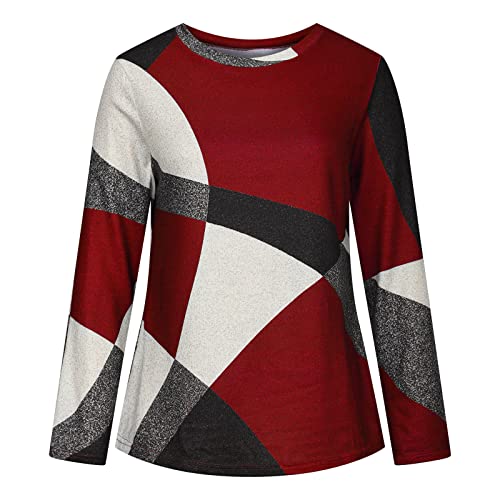 Casual Round Neck Long Sleeve Sweater For Women,Fashion Geometric Print Sweatshirts Fall Loose Pullover Blouse Tops Red #TOP3