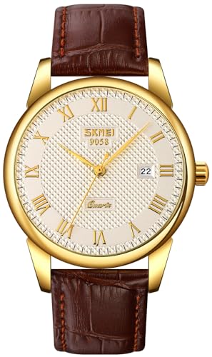 MASTOP Mens Quartz Watch Roman Numeral Business Casual Fashion Analog Wrist Watch Classic Calendar Date Window 30M Waterproof Comfortable Leather Watches (Gold Silver)