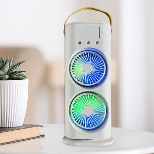 Image of DoUbLe EnDeD SpRaY FaN, CoLd AiR, 2026 NeW 3 GeArS UsB OsCiLlAtInG FaN WiTh LeD LiGhT CoOlEr, ToUcH & ReMoTe CoNtRoL, 280mL WaTeR TaNk, IcE FiLlInG FaN - WhItE