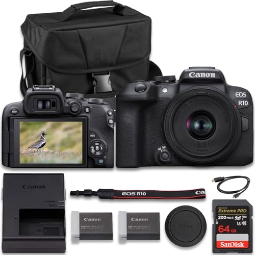 Canon EOS R10 Mirrorless Camera with RF-S 18-45mm f/4.5-6.3 is STM Lens+ Extra LP-E17 Lithium-Ion Battery + SanDisk Extreme Pro 64GB + Camera Case + More(14pc Bundle)