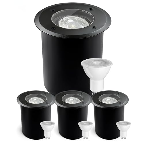 JNR 4er Set Bodenstrahler Außen Schwenkbar GU10 IP67 Wasserdicht mit LED 5W 3000K Warmweiß, Bodeneinbaustrahler Aussen 230V Bodenleuchten Außen, Schwarz