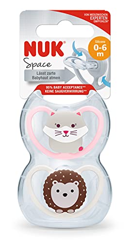 NUK Space Baby Chupete, 0-6 meses, chupete con ventilación adicional, silicona sin BPA, colores surtidos (diseño no seleccionable), 2 unidades