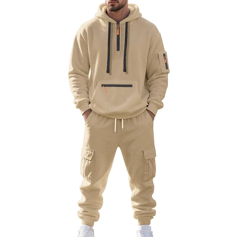 MEDUOLA Survêtement Homme Hiver Veste à Zip avec Capuche Pantalon Jogging à Poche Ensemble 2 Pièces Chaud et Confortable (L,Kaki)