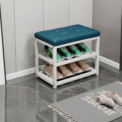 Banco de entrada tapizado de piel sintética con base de metal, zapatero versátil para sala de estar o dormitorio