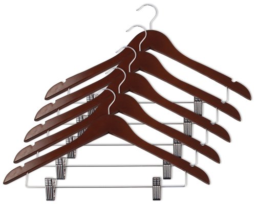 Closet Complete Wood Suit Hanger with Pant/Skirt Clips, Distressed Walnut, Set of 5