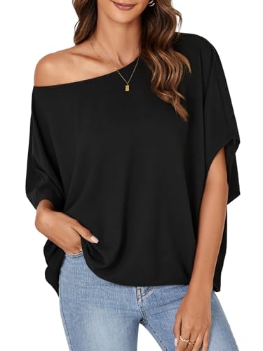 LYANER Women's Casual Loose Off Shoulder Batwing Half Sleeve Blouse Shirt Tunic Top Black Medium