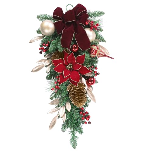 SHACOS Couronne de Porte Noël 76 cm avec Poinsettia, Boules et Bowknot - Guirlande de Sapin pour Porte, Mur, Escalier, Cheminée