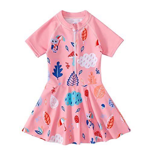 Girls One Piece Swim Dress Rash Guard Short Sleeve Zip Front Swimwear Cute Cartoon Print Sun Protection Swimsuit