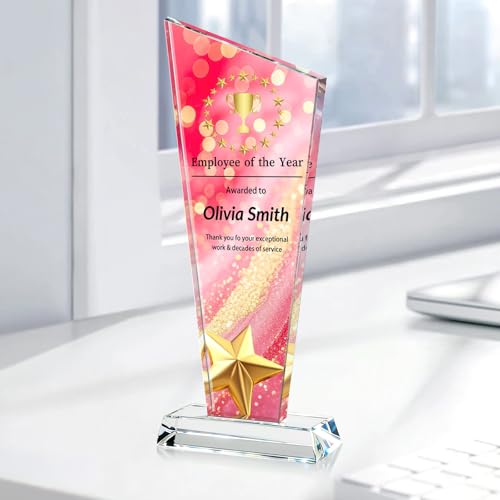 Image of Custom Crystal Trophy Award Personalized Plaque Award with Text Logo Photo Awards Trophies for Employee Recognition Team Graduation Personalized Office Gifts for Boss Coworker Teacher