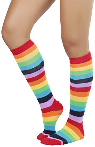 Image of ToBeInStyle Women's Bright Vibrant Rainbow Striped Thigh High Rave Stockings