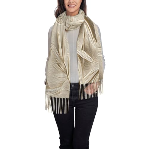 Bufanda abstracta de hojas con textura beige claro para mujer, bufanda con borlas, chal cálido con flecos
