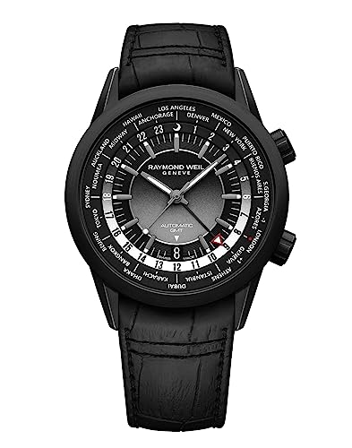 RAYMOND WEIL Freelancer GMT Worldtimer Men's Watch, 24 Cities and Time Zones, Black Dial, Indexes, Stainless Steel Case, Black Leather Strap, 41mm (Model: 2765-BKC-20001)