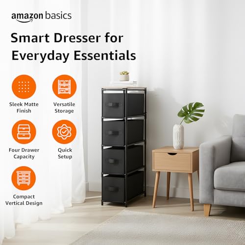 Image of Amazon Basics Slim Fabric Chest of 4 Drawers, Iron Frame & MDF Top - Compact Storage Dresser for Clothes, Bedroom, Closet & Small Spaces - Black (30L x 47W x 90H CM)