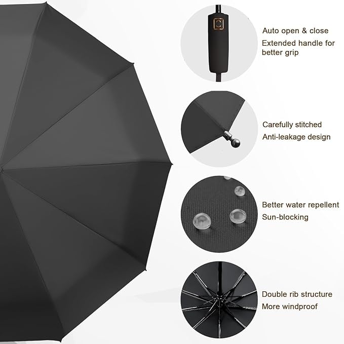 Image of FLYNGO 12 Strong Ribs Reinforced Windproof Umbrella for Rain Big Size, 3-Fold Auto Open /Close Travel Umbrella for Sun Protection